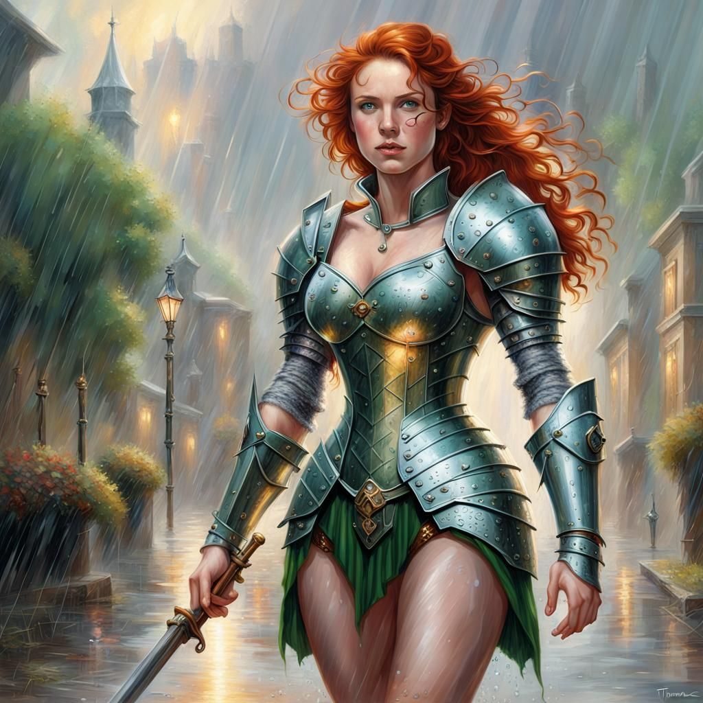 Redhead Knight in Rainy Sunlight, Ethereal Fantasy