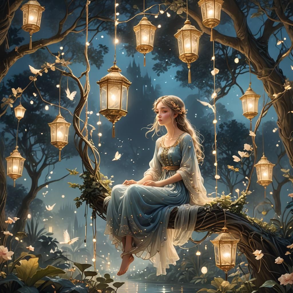 Fairy on Swing in Moonlit Garden