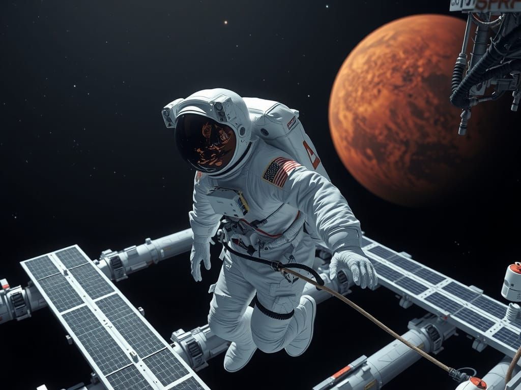 Astronaut in Photorealistic Spacewalk near Mars