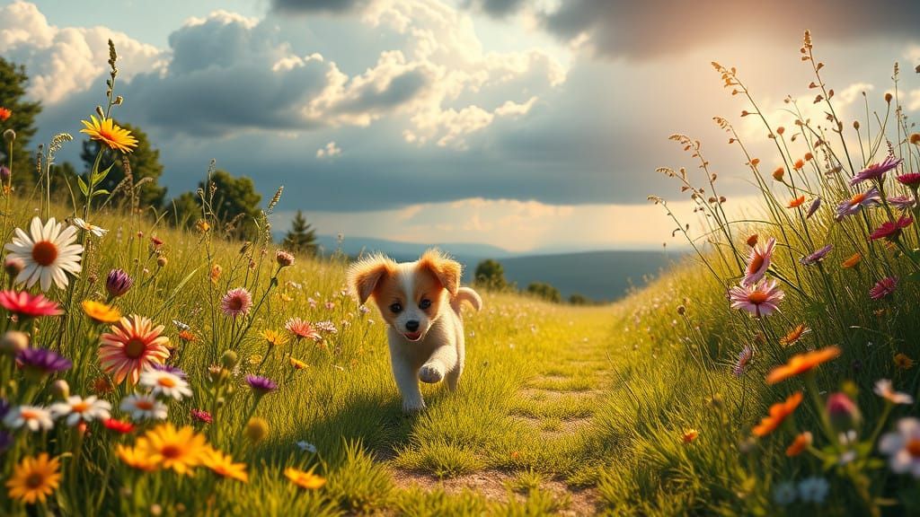 Whimsical Puppy and Kitten Duo in Enchanted Meadow