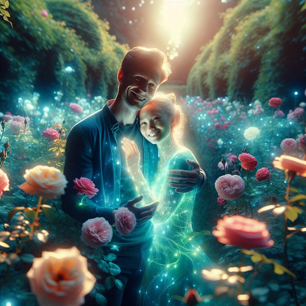 Bioluminescent Aura Surrounds Couple in Rose Garden