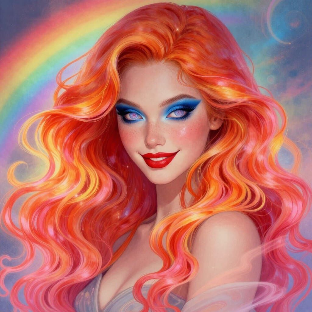 Celestial Fantasy Woman with Sunset Hair and Spiral Eyes