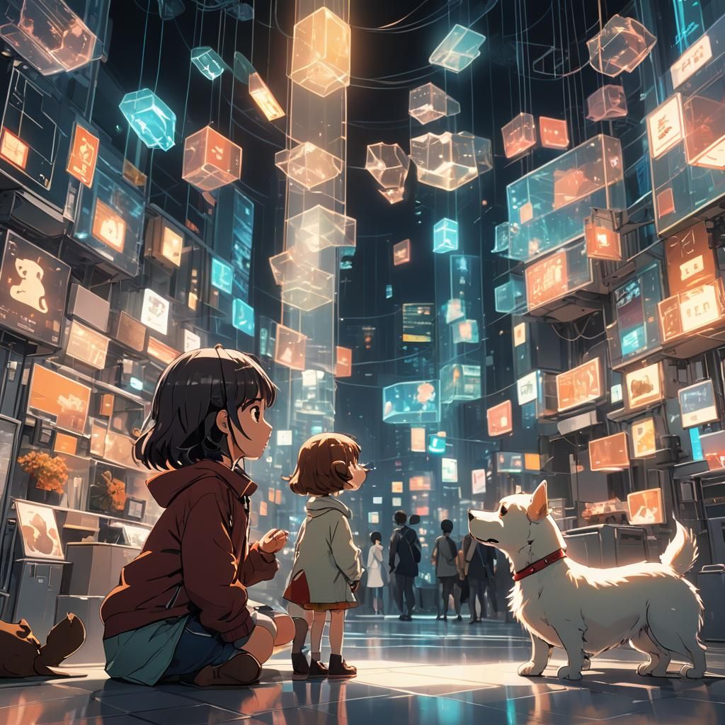 Cute Girl Engages with a Vibrant Cel-Shaded Hologram