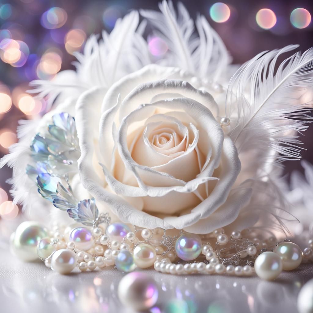 Elegant Crystal Rose with Pearls and Feathers