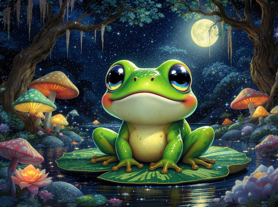 Chibi Frog on Lilypad in Pointillist Fantasy Forest