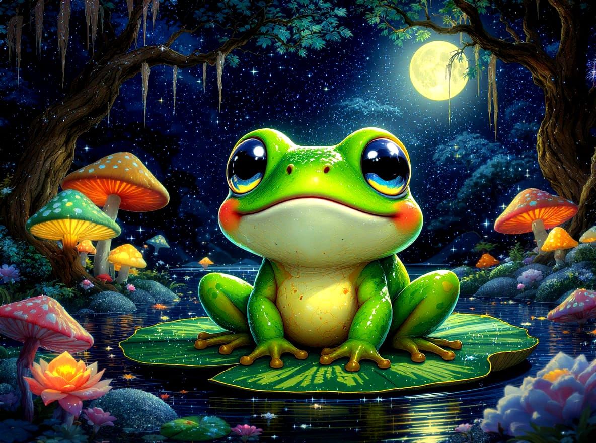 Chibi Frog on Lilypad in Magical Forest