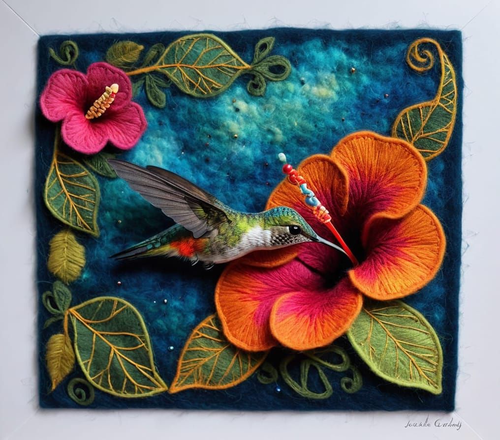 Colourful Felt Hummingbird Sipping Nectar, Fibre Art