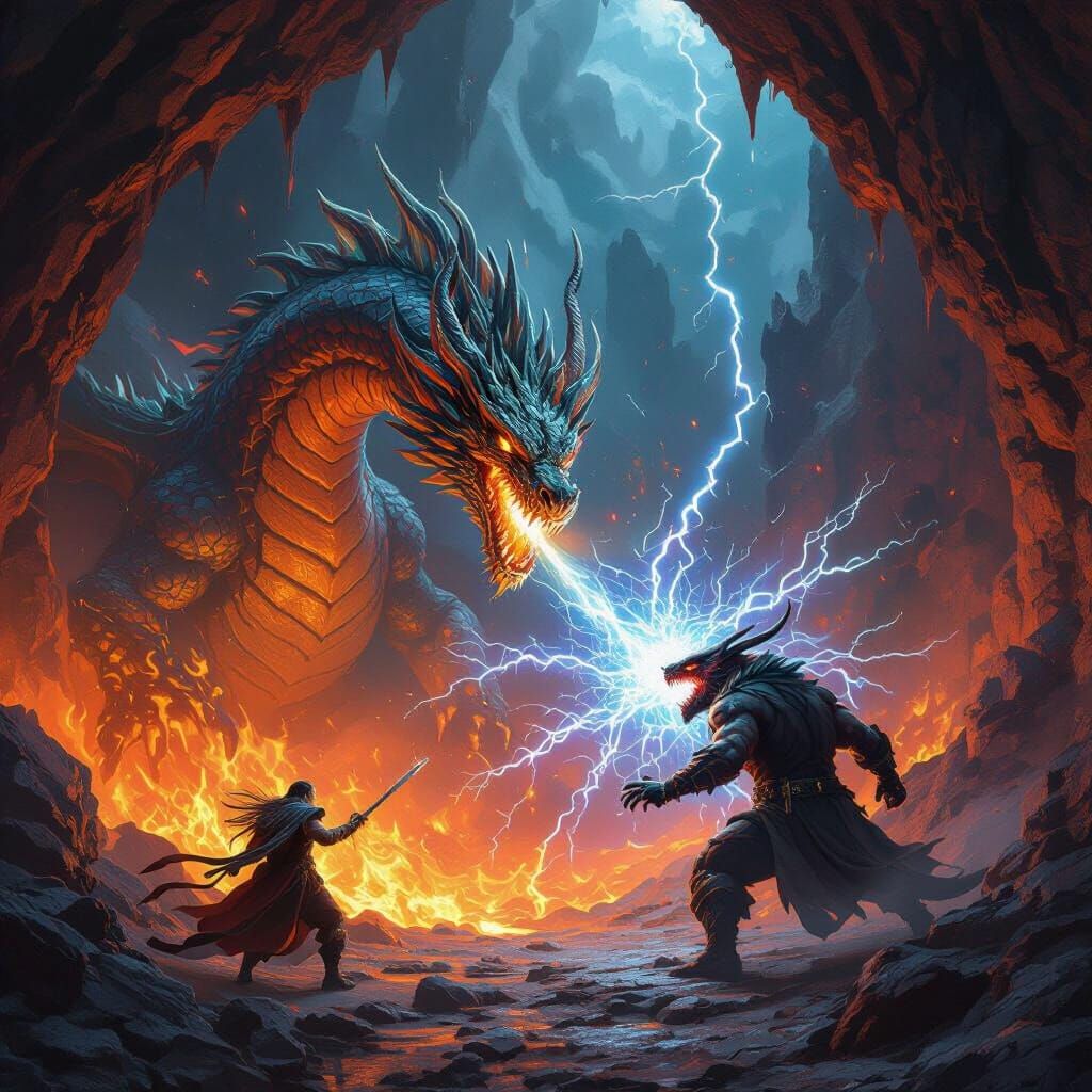 Dragon Tiamat Battles Cerberus in Fiery Cavern
