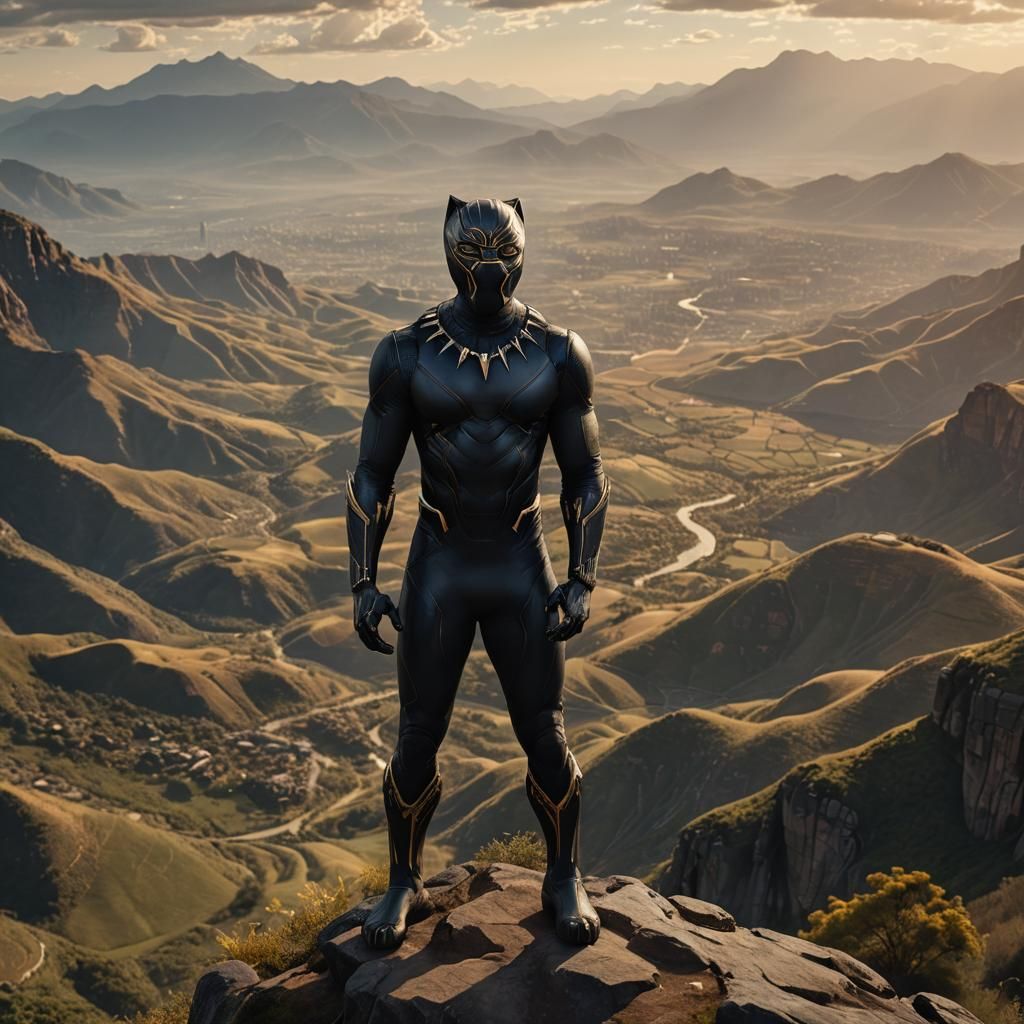 Heroic Black Panther on Wakandan Mountain Peak
