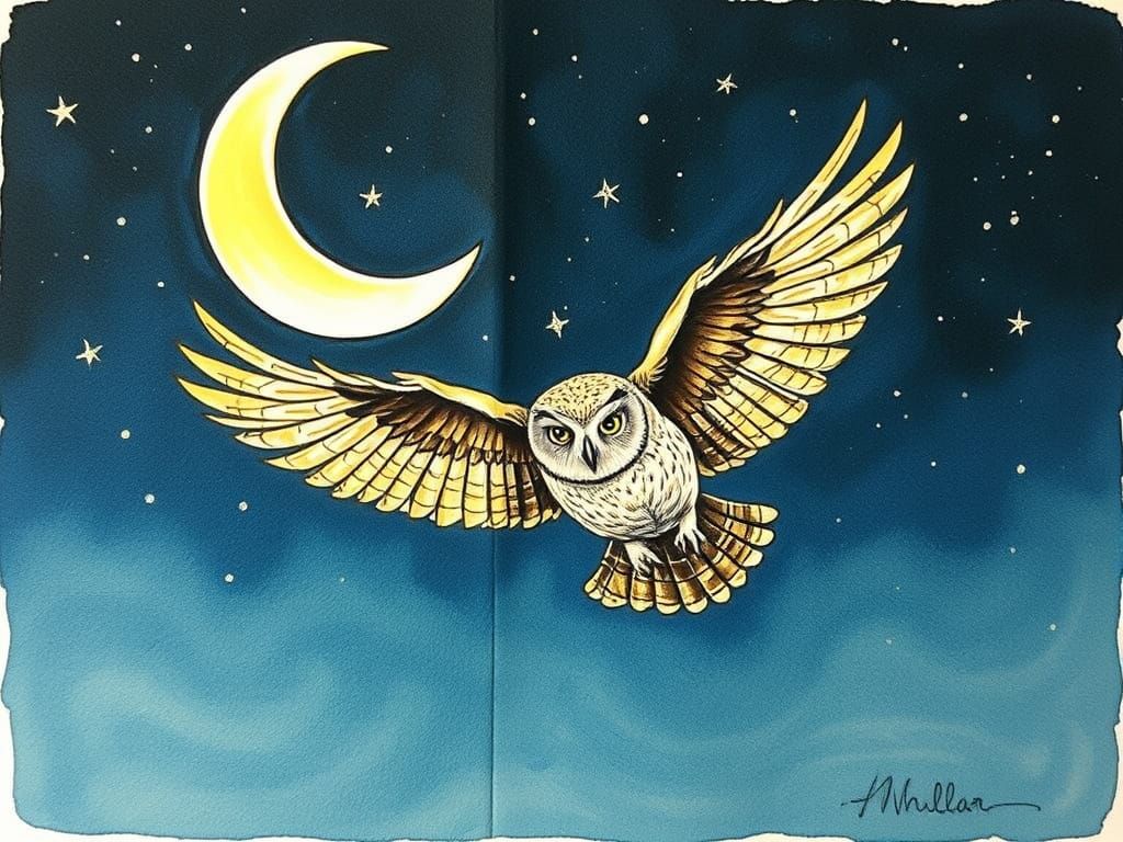 Owl Flying Under Moon in Alcohol Ink Style