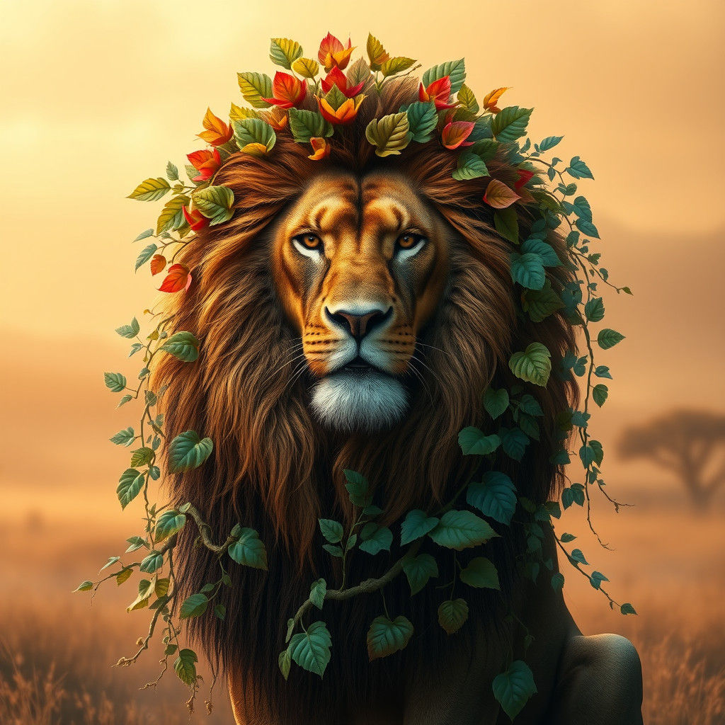 Botanical Lion: Foliage Mane in Golden Savannah
