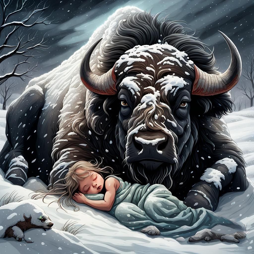 Buffalo Sheltering Child in Snowstorm
