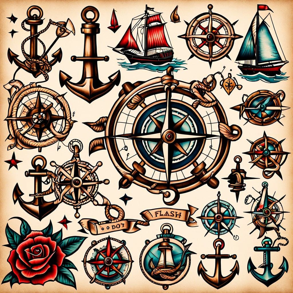 Flash tattoo sheet. A collection of traditional nautical tat...