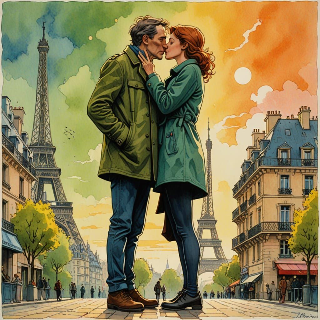 Romantic Kiss in Paris, Comic Book Art Style