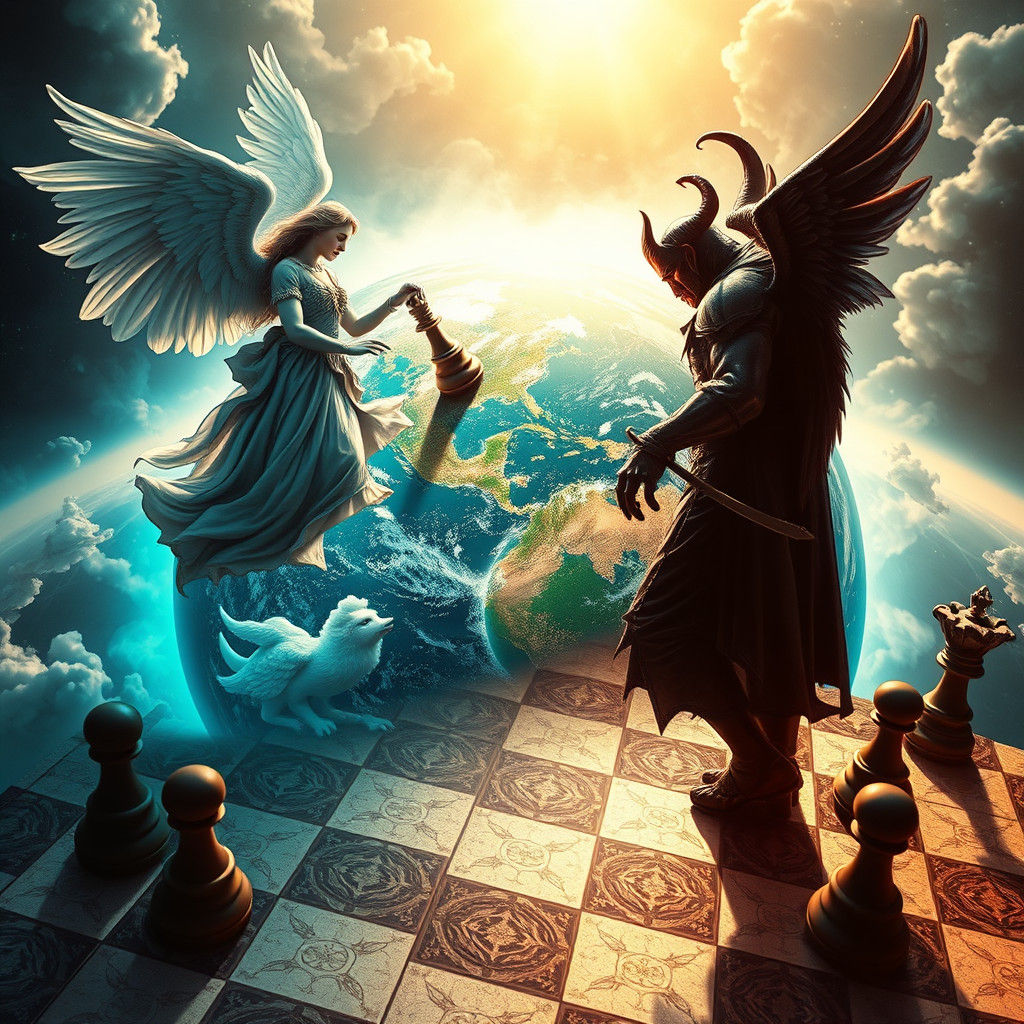 Earth Chessboard: Angel vs. Demon in Hyperrealism