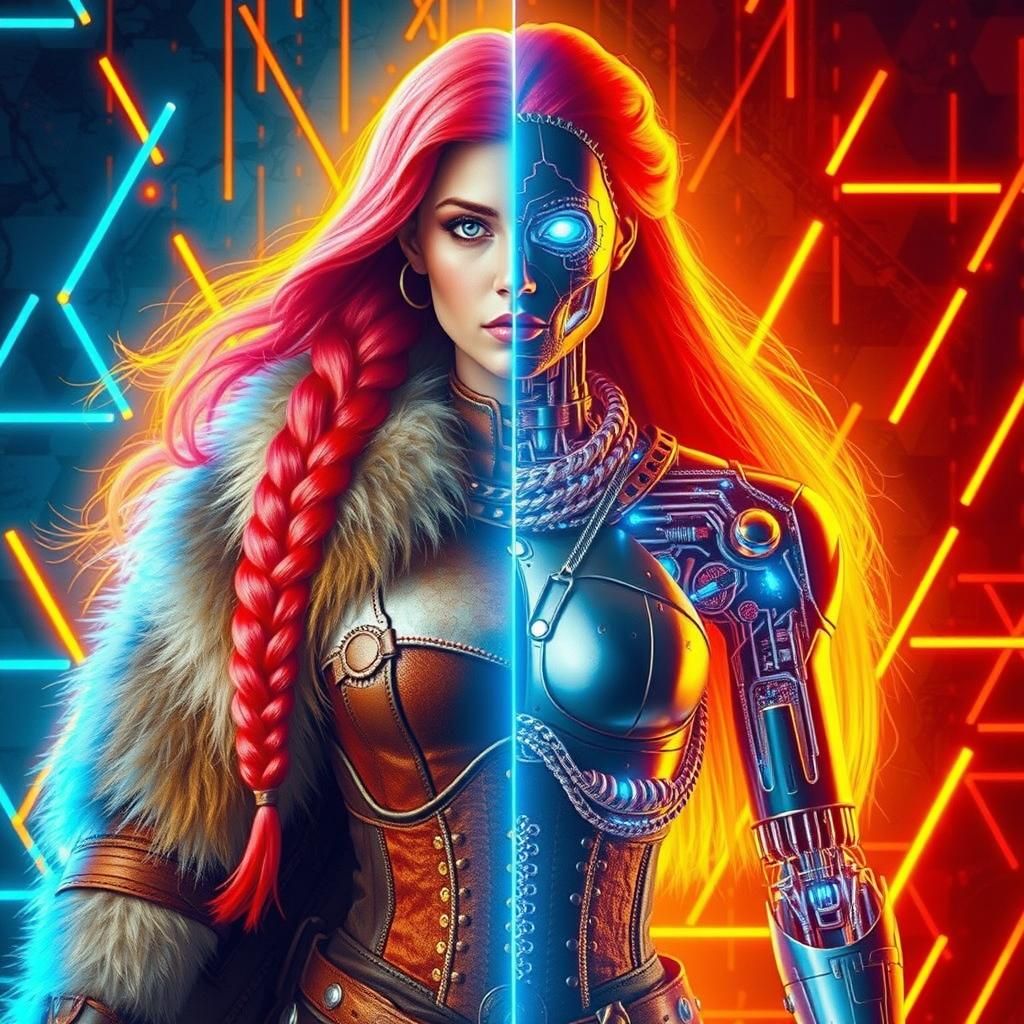 Duality: Barbarian Woman and AI Bot in Neon