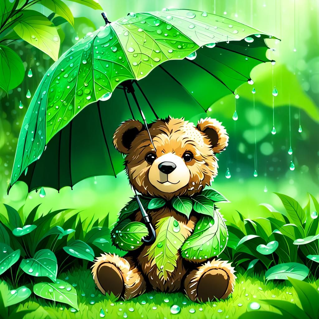 Leaf Teddy Bear with Dewdrops in Fantasy Style