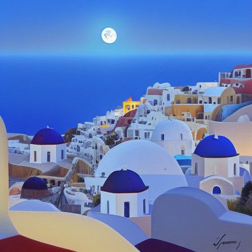 Moon Over Santorini in Hazy Digital Art