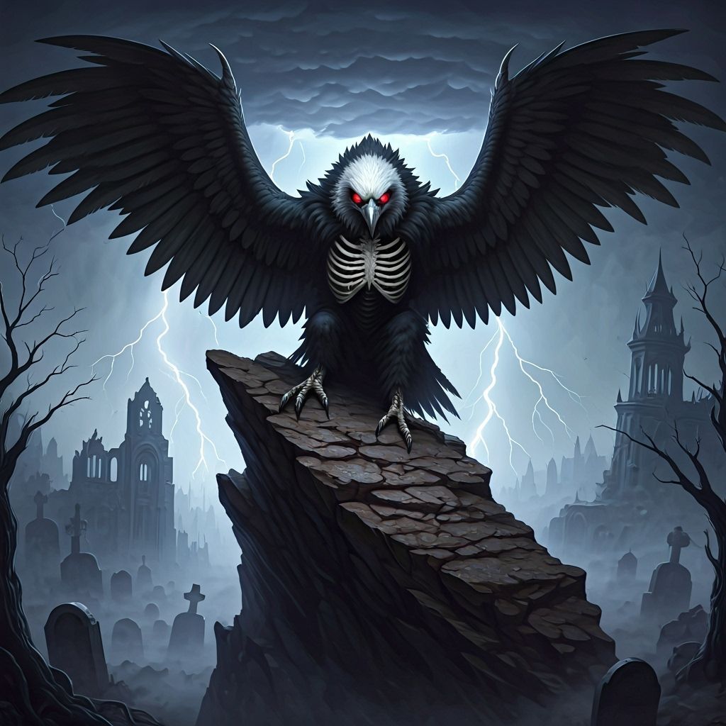Grim Reaper Vulture Perched on Cliff Overlooking Graveyards