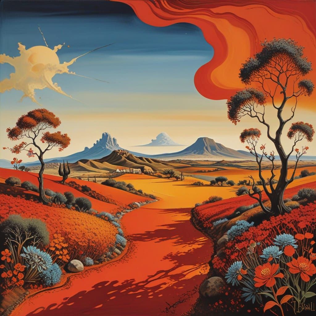 (landscape:1.5), Salvador Dali, red and tangerine, fine-tune...