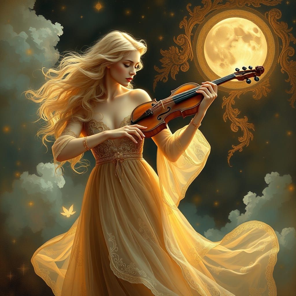 Blonde Virtuoso in Opulent, Symbolist Dreamscape