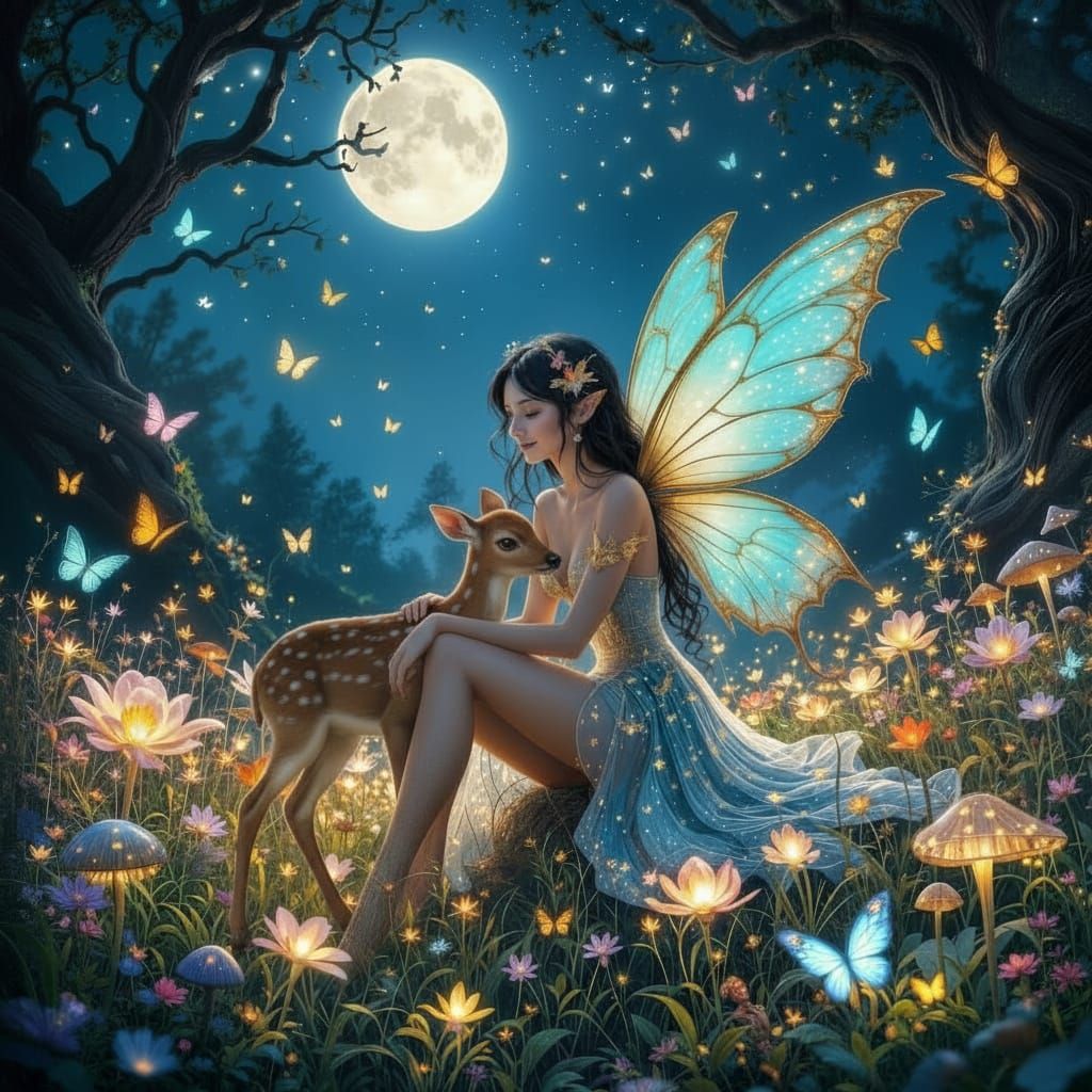 Glass Fairy with Golden Wings in Ethereal Moonlit Field