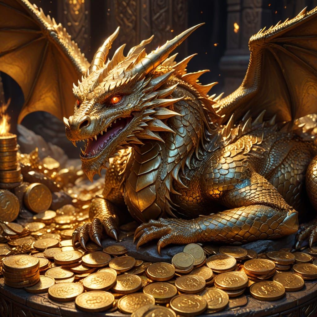 Epic Dragon Sleeps on Gold Hoard in Flickering Torchlight