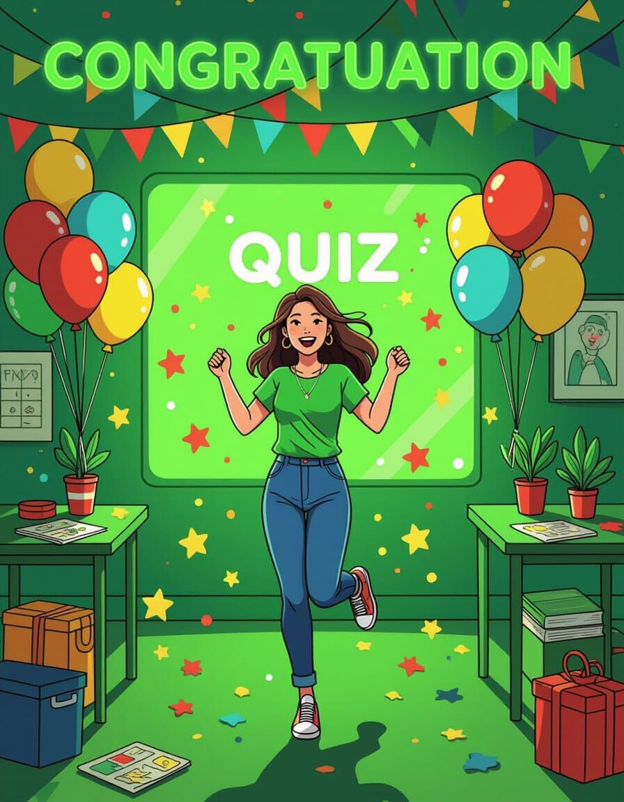 Woman Celebrates in Vibrant Green Quiz Room with Balloons