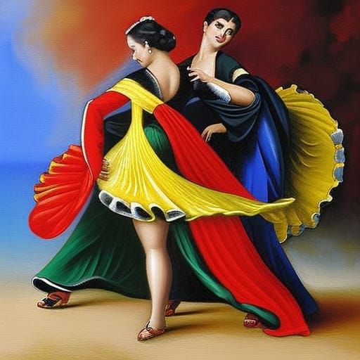 Dynamic Flamenco Dancers in Abstract Cubist Style