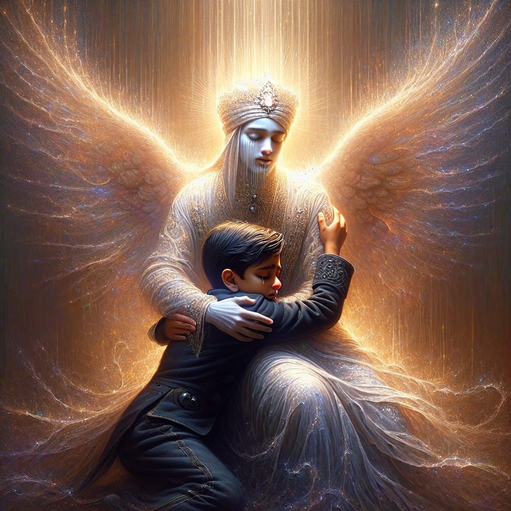 Comforting Embrace: Divine Figure in Hyperrealistic Art