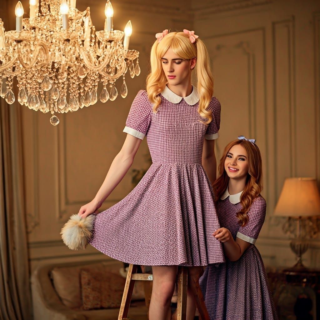 Young Man Crossdressing, Playful Scene with Chandelier