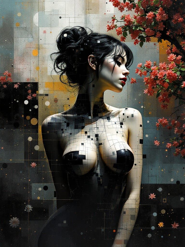 Corrupted Goddess in Charcoal Pointillism Style