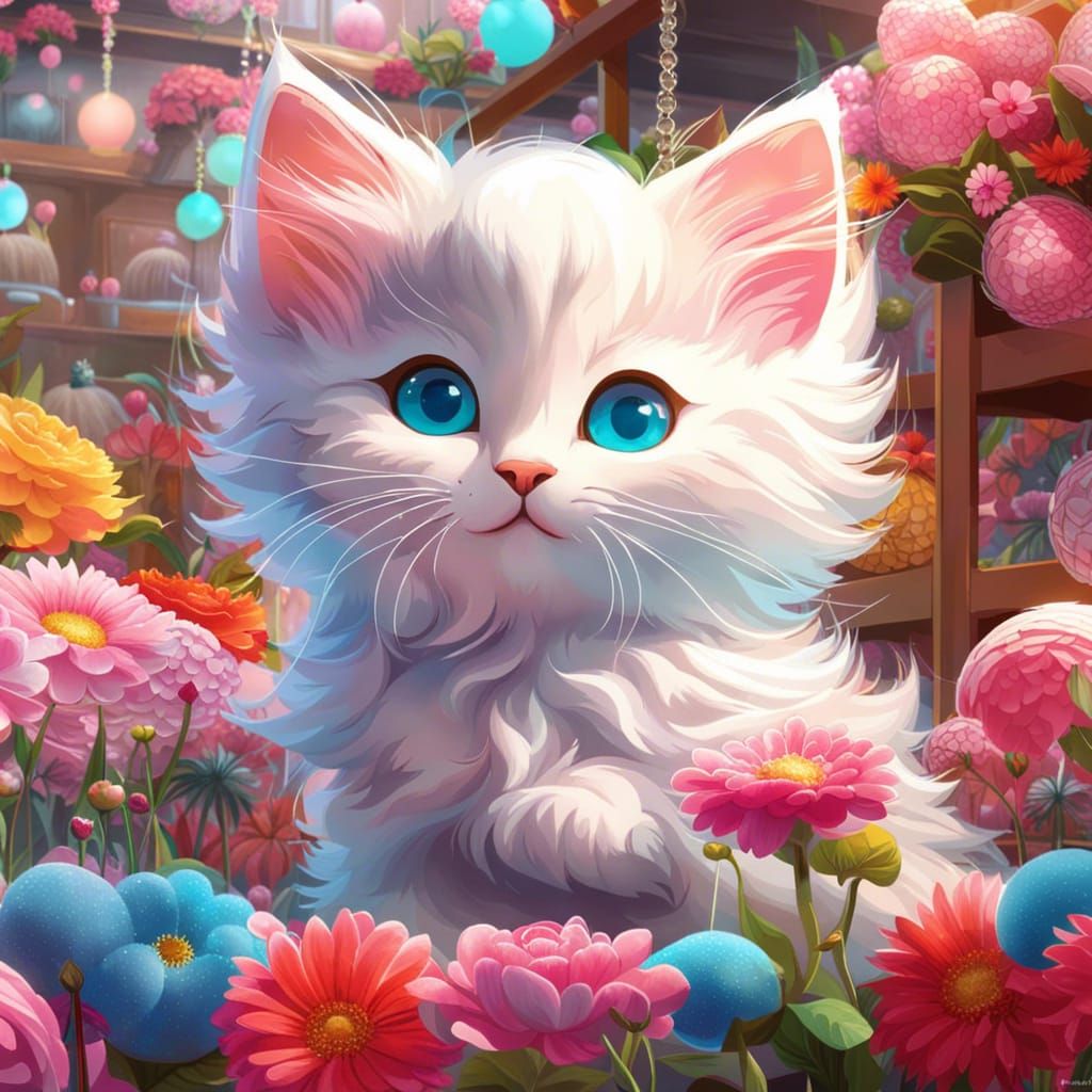 Fluffy Kitten's Flower Shop Adventure: Digital Illustration