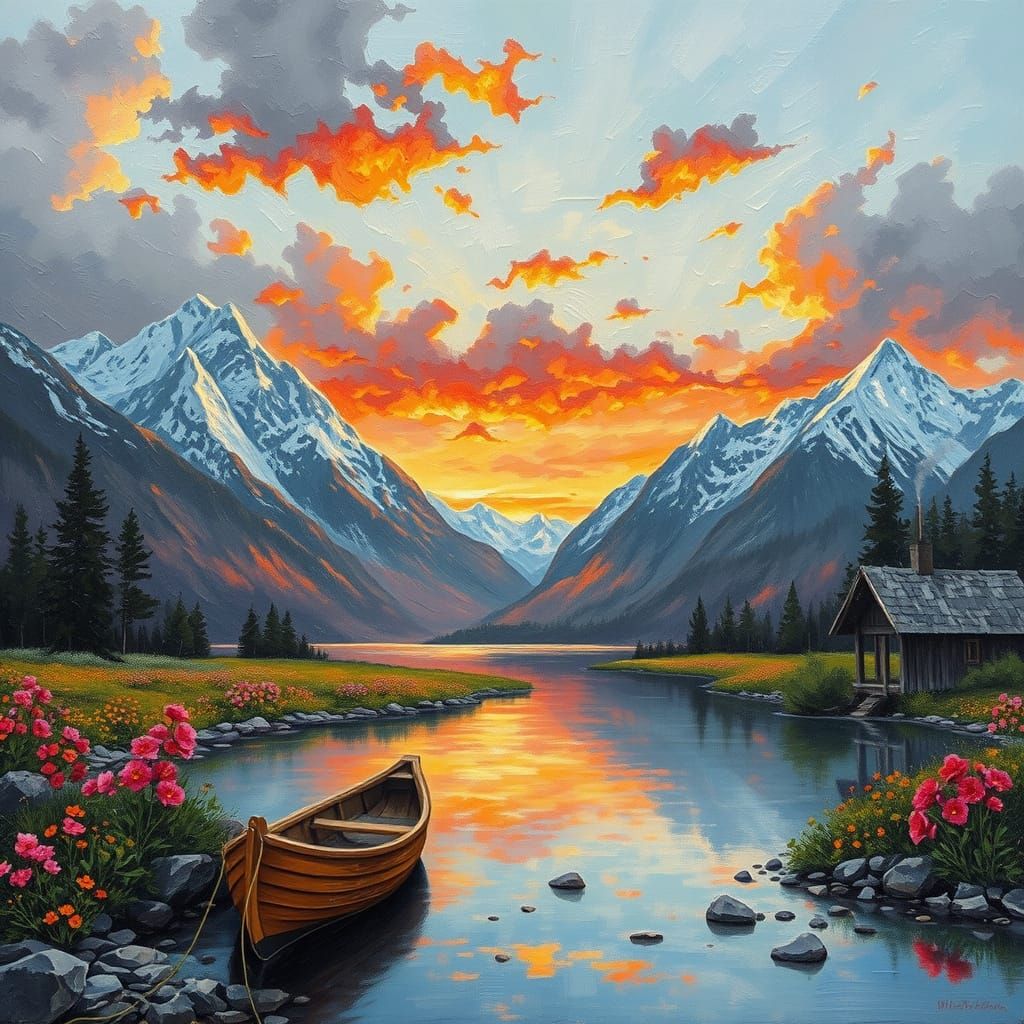 Mountain River Sunset in Neo-Impressionist Style