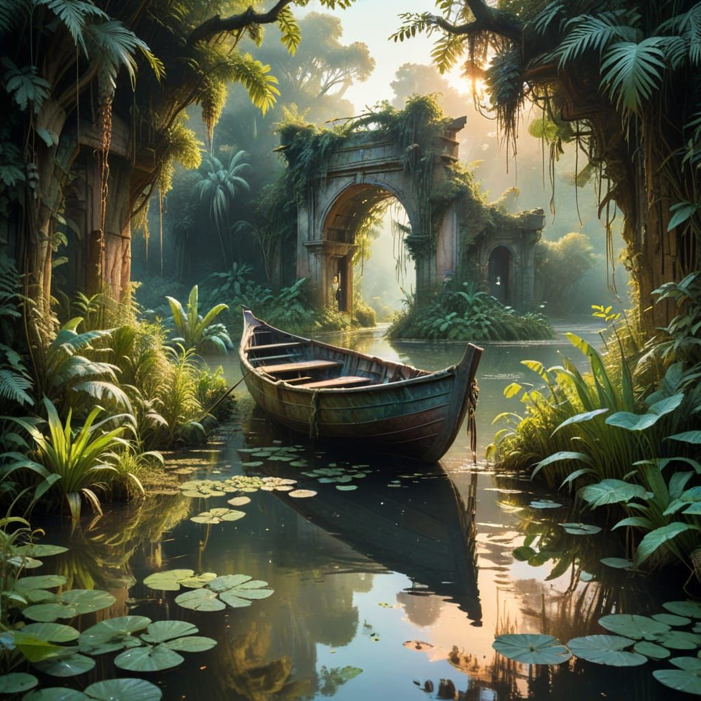 Mystical Jungle Ruins in Dreamy Watercolor Style