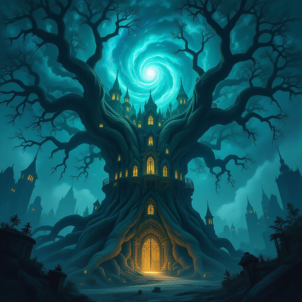 Gothic Metropolis Inside Petrified Tree Under Nebula