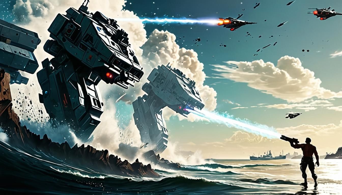 Shirtless Supervillain Versus Waves, Retro Sci-Fi Art