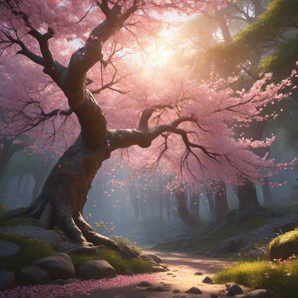 Mystical Cherry Blossom Forest in Oil Painting Style