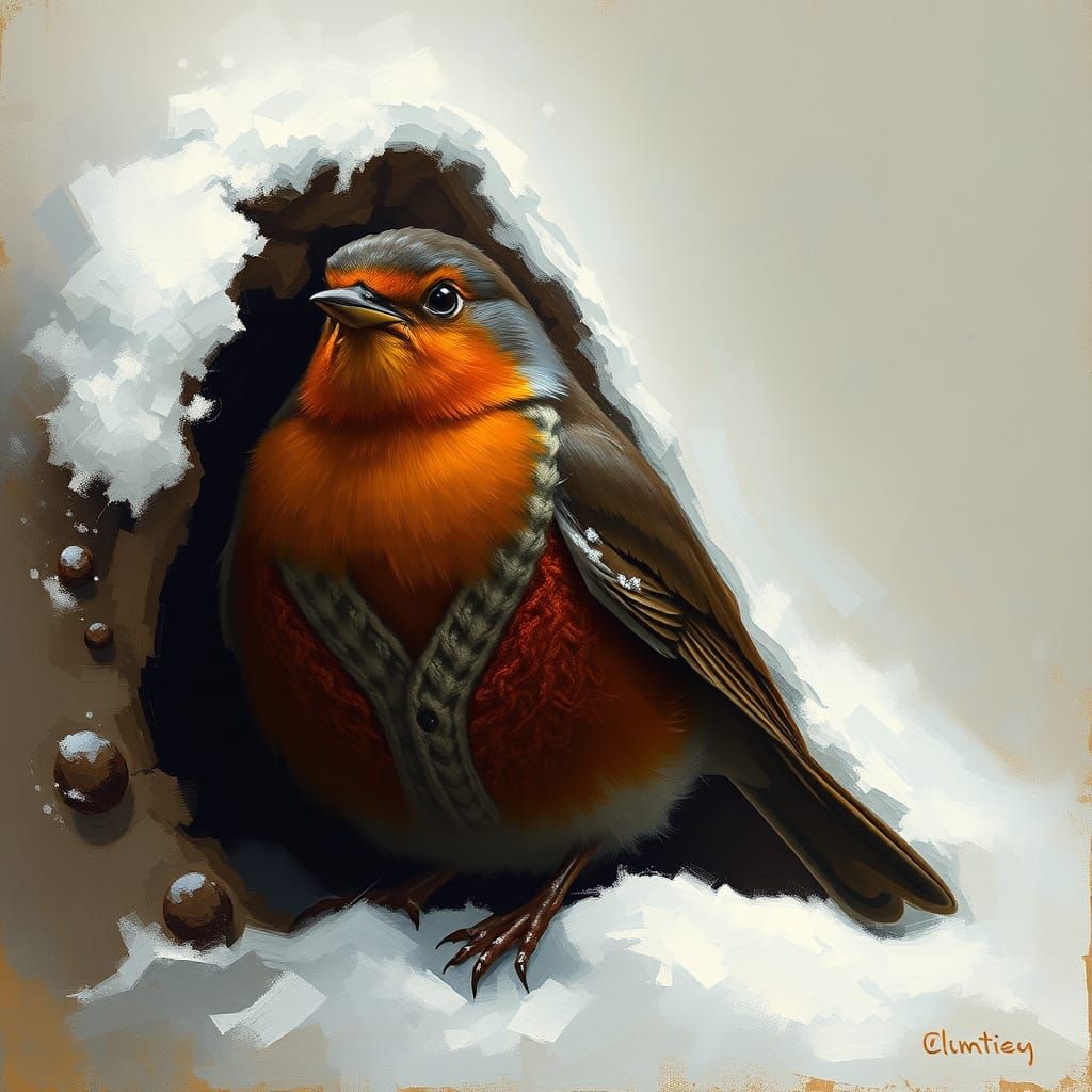 Robin Emerges from Snowy Hole in Expressionistic Realism