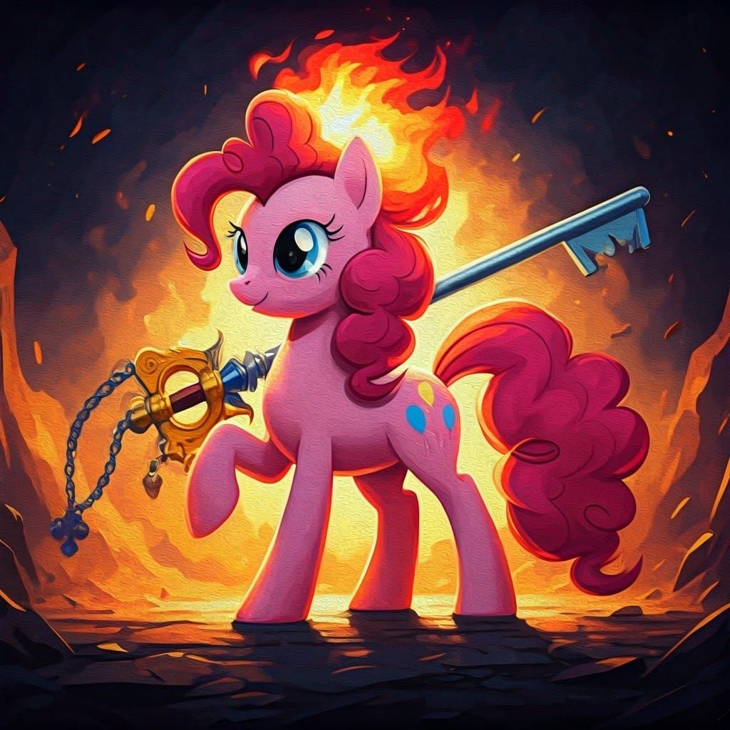 Vibrant Fire Mage Pony Wields Keyblade in Dreamlike Landscap...