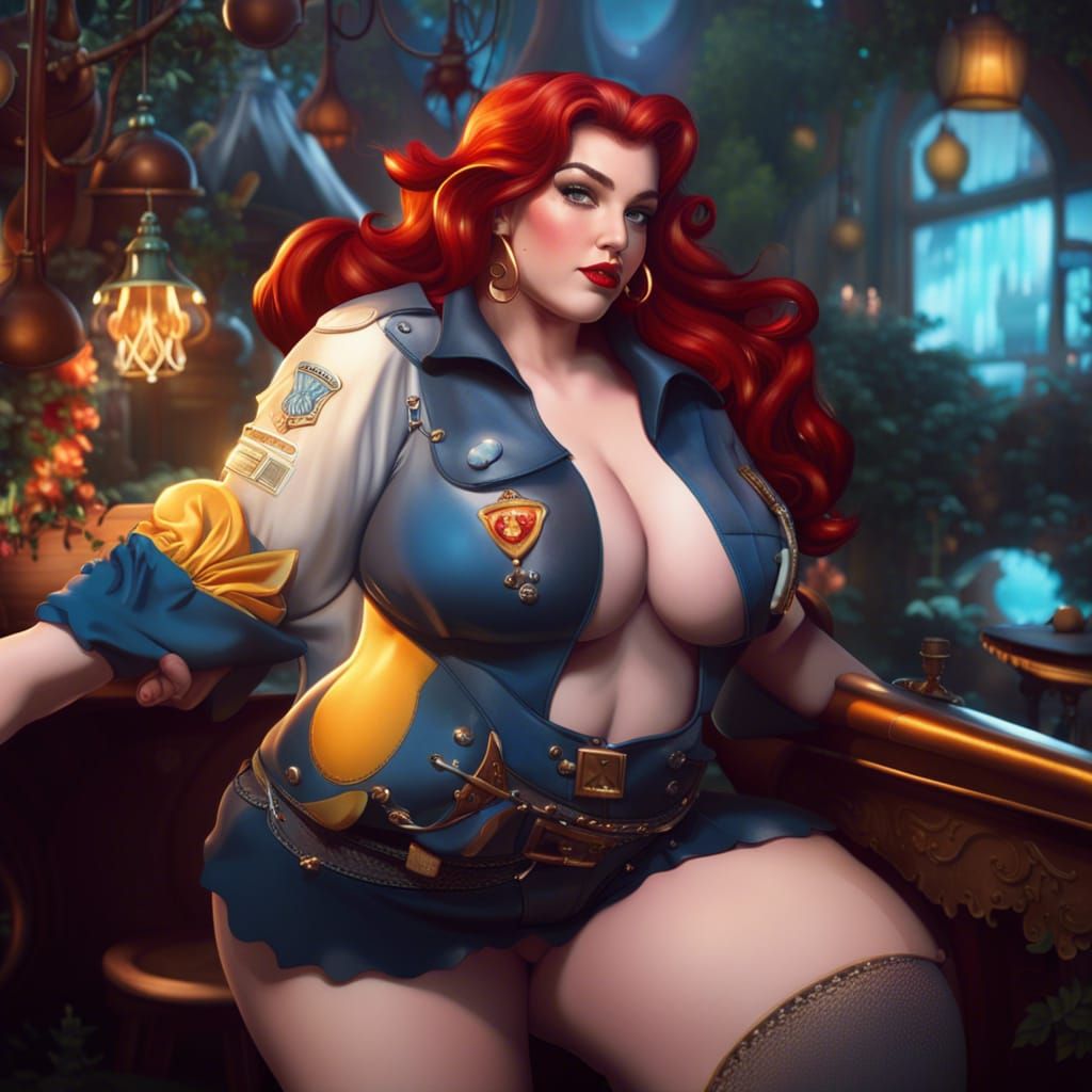 Plus-Size Pinup Goddess with Burger, Detailed Matte Painting