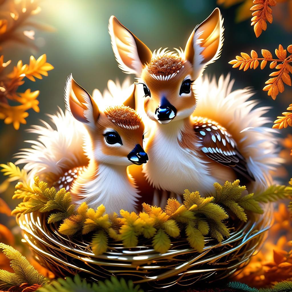 Whimsical Fawn Twins Perched on Delicate Floral Nest