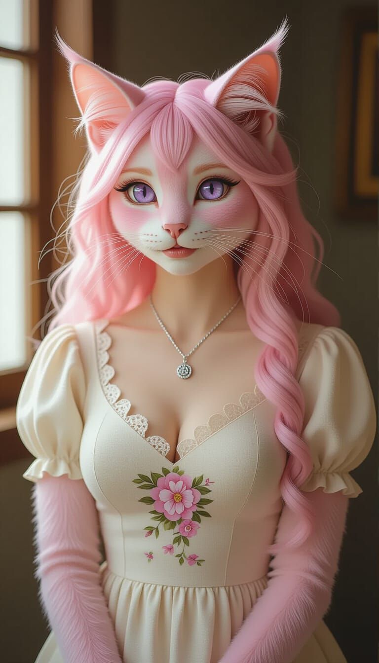 Photorealistic Pink Cat Woman in Linen Dress