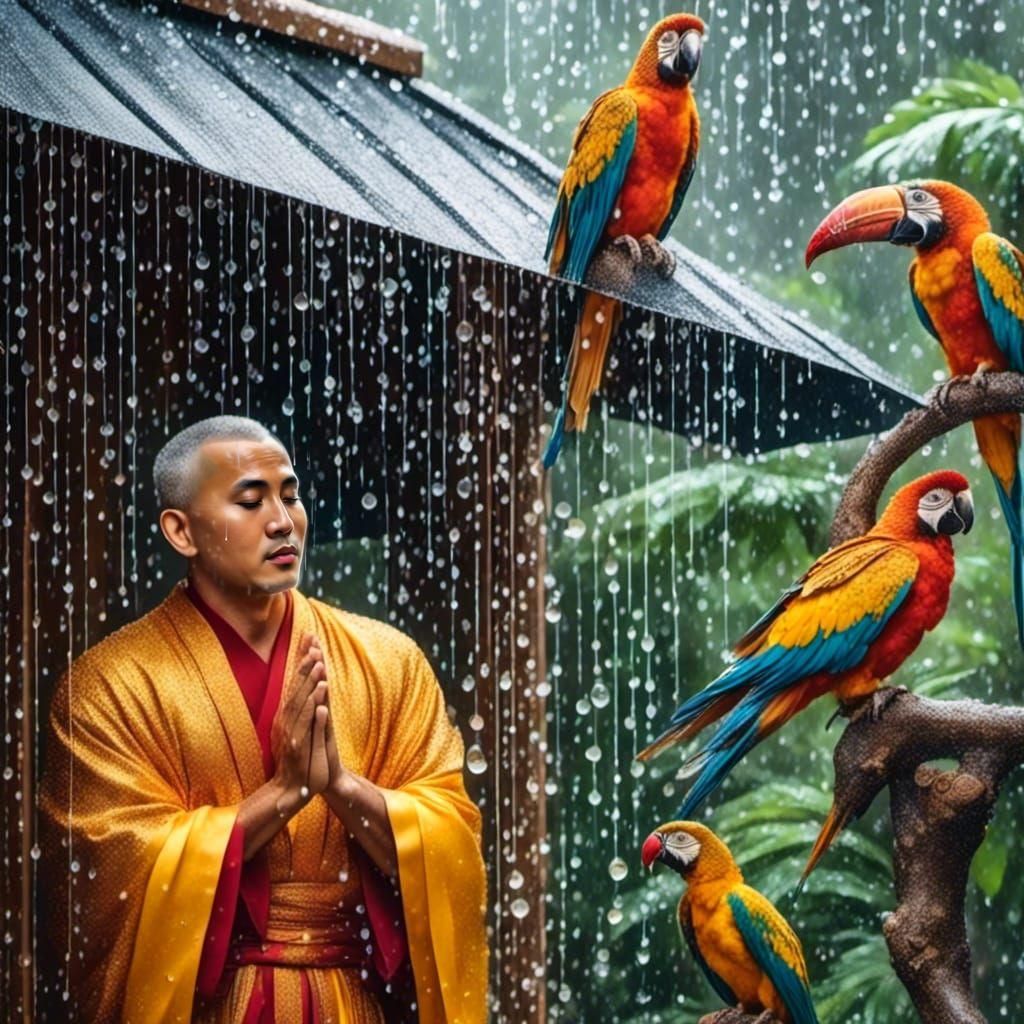 Monk Gazing into Rain with Birds in Alcohol Ink Style