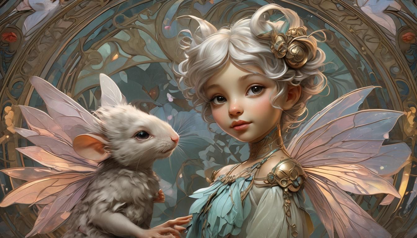 Baby Fairy and Mouse Portrait in Art Nouveau Style