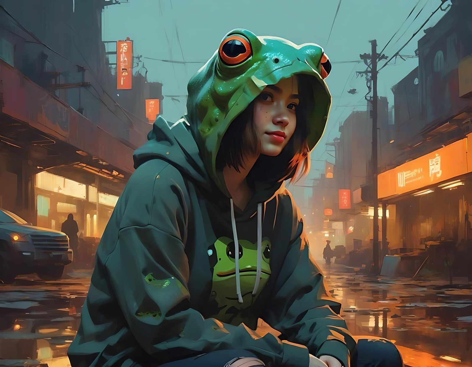 Girl in Frog Hoodie, Eerie Impressionistic Portrait