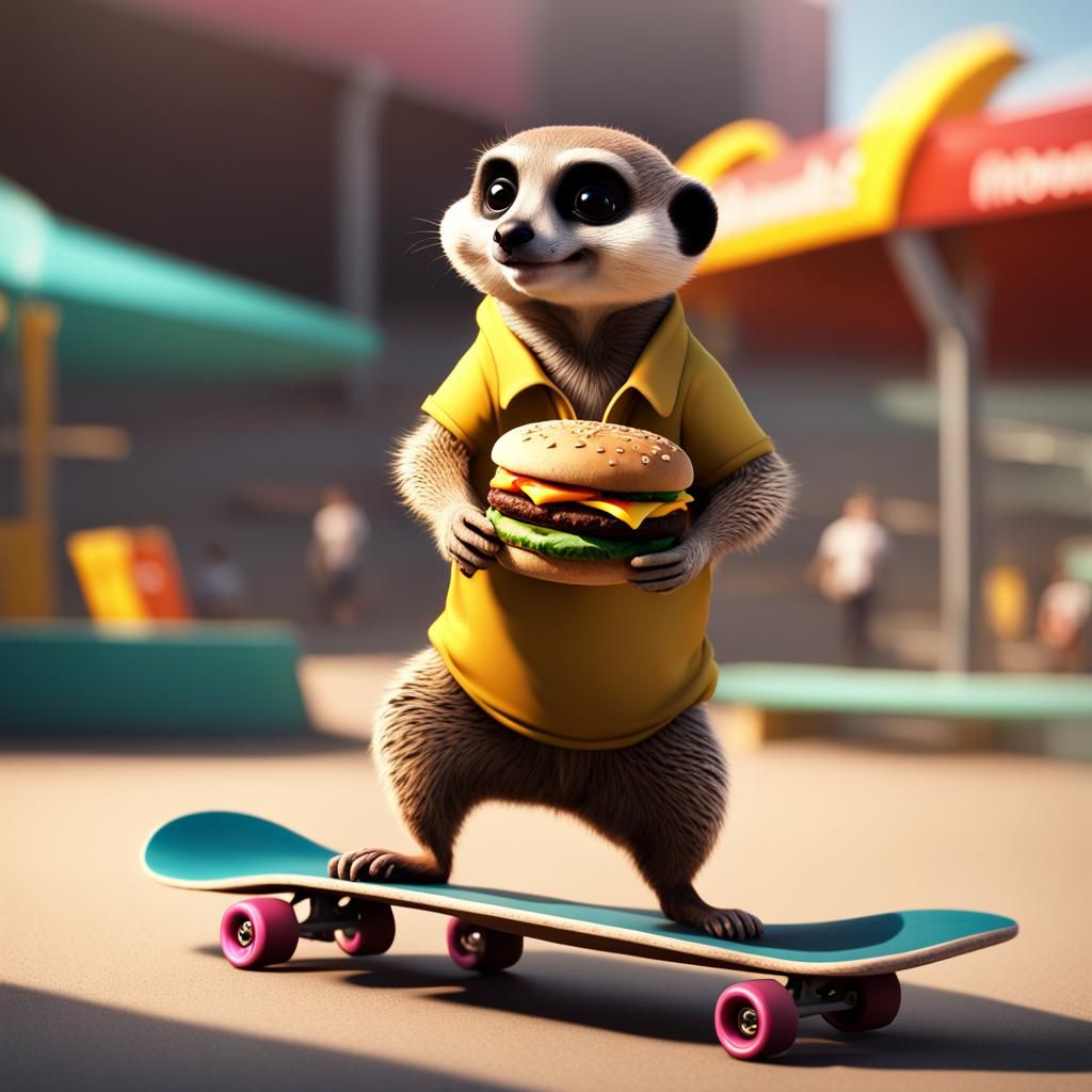 Meerkat Skateboarding with Burger: Detailed Matte Painting
