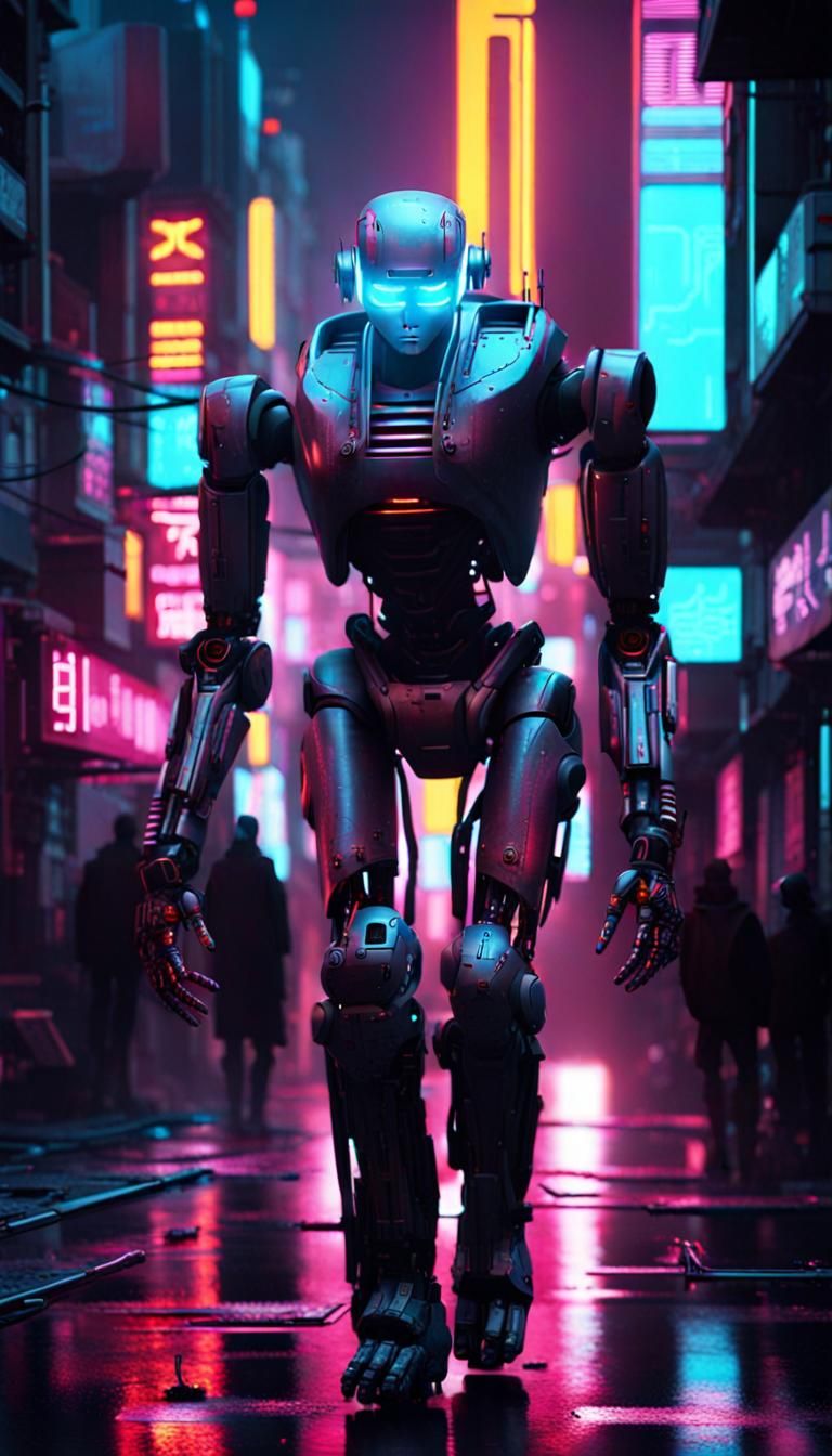 Cyberpunk Androids in a Neon-Lit Futuristic Street
