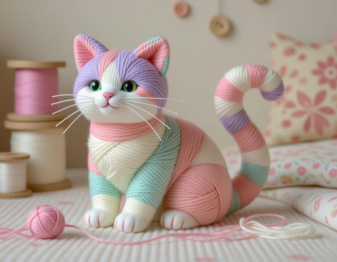 Pastel Yarn Cat Sculpture in Cozy Knitting Nook