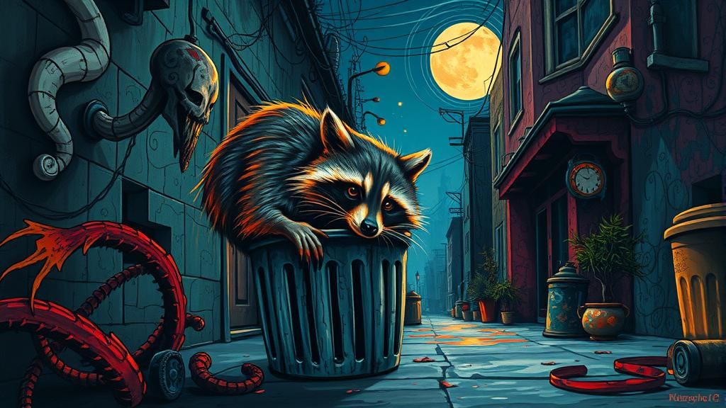 Surreal Raccoon in Dystopian Moonlit Alley